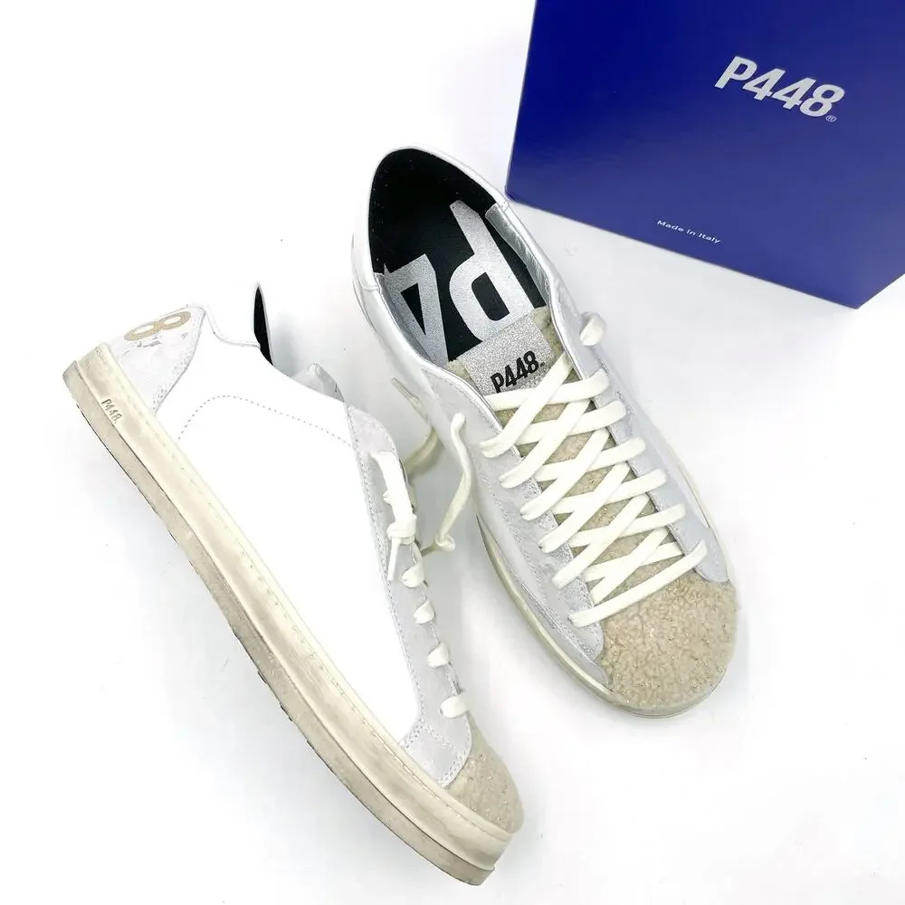 P448‎ John Lama Sneaker White Silver Lace Up Low Top Leather Sz 41 / 10.5